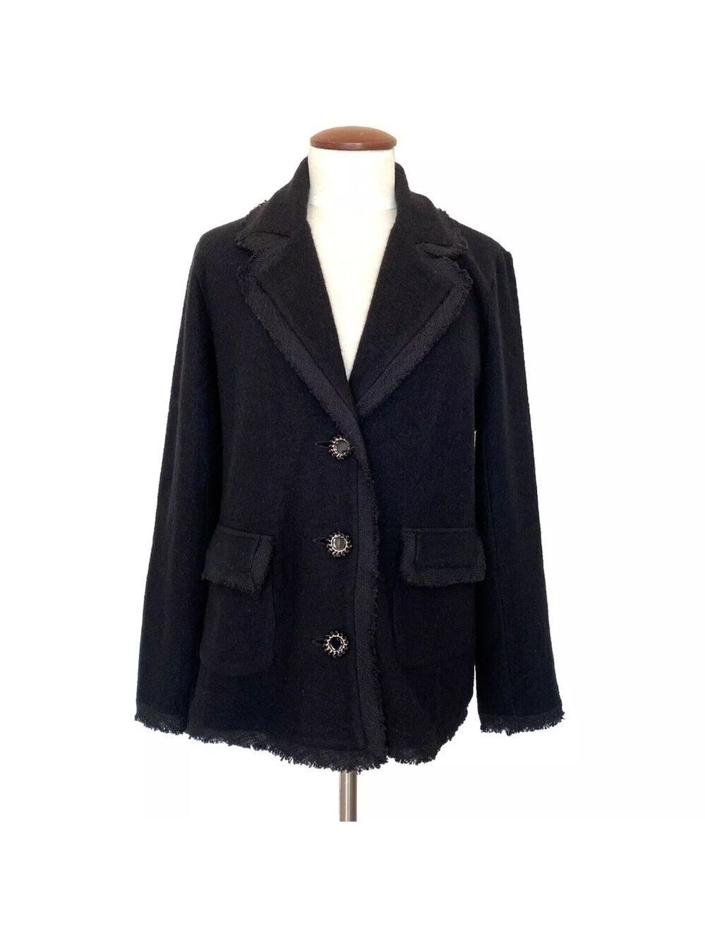 Karl Lagerfeld Paris Wool Blend Three-Button Jacket Fringe Trim Black Sz L